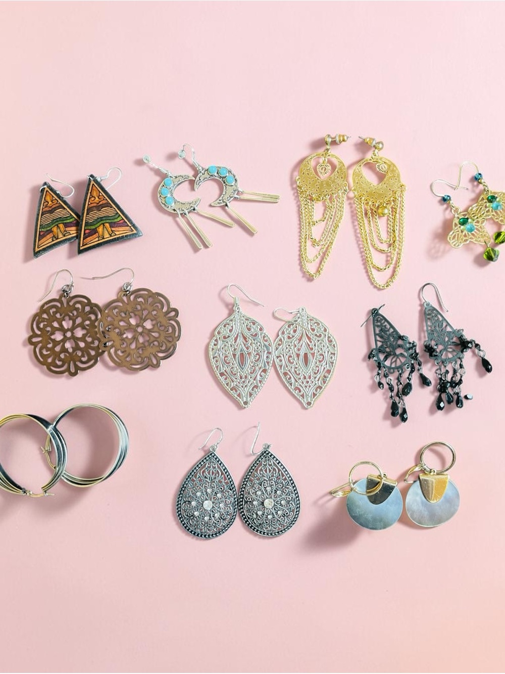 10 Assorted Women's Earring Collection in Gold, Silver, Black, Turquoise, Brown